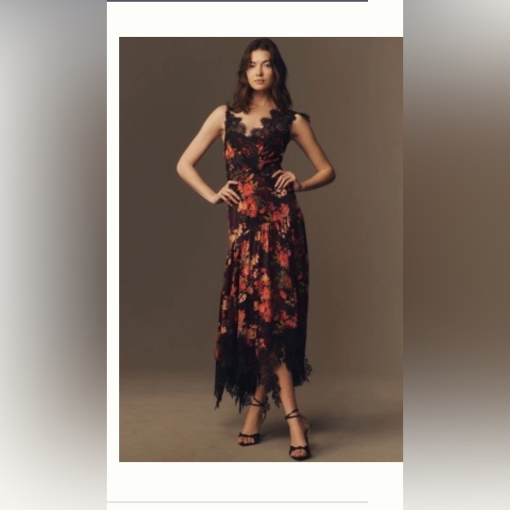 BHLDN Black Floral Lace Maxi Dress with Red & Orange Blooms - Picture 3 of 3